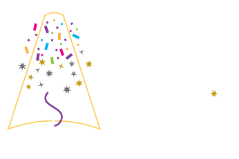 An illustration of a microphone on a stand under a spotlight with colorful confetti and sparkles, next to the words Eventual Magic in elegant white script.